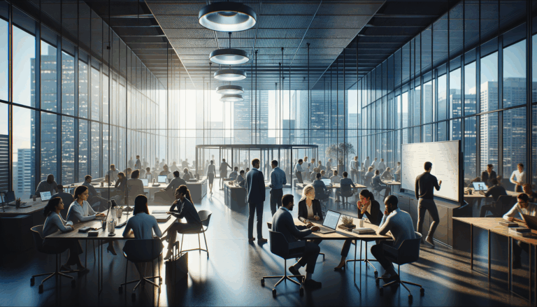A vibrant office scene inside a technology company with employees collaborating over computers and whiteboards