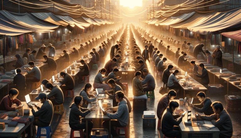Bustling open air market at sunrise, people using smartphones with AI-powered translations apps, warm natural lighting