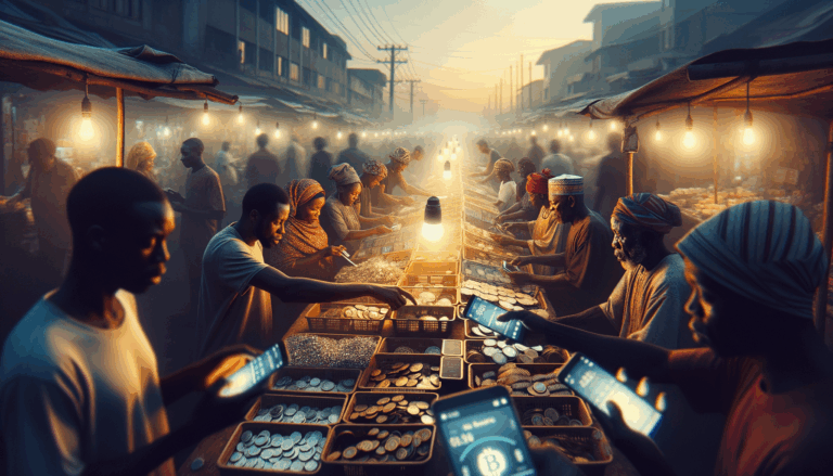 Vendors exchanging cryptocurrency at a bustling street market in Lagos, Nigeria
