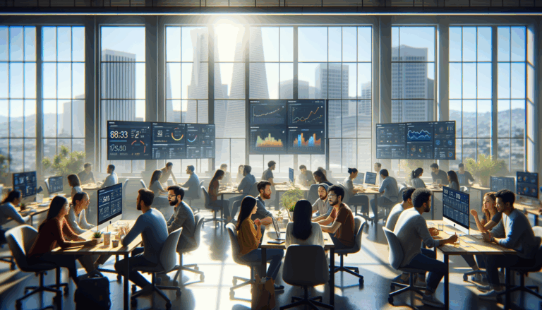 A vibrant tech startup office in San Francisco with people collaborating around data visualizations.