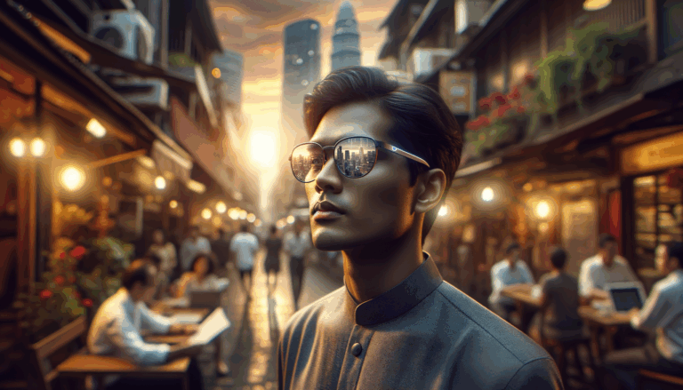 A young adult on a bustling urban street at dusk wearing sleek AI smart glasses