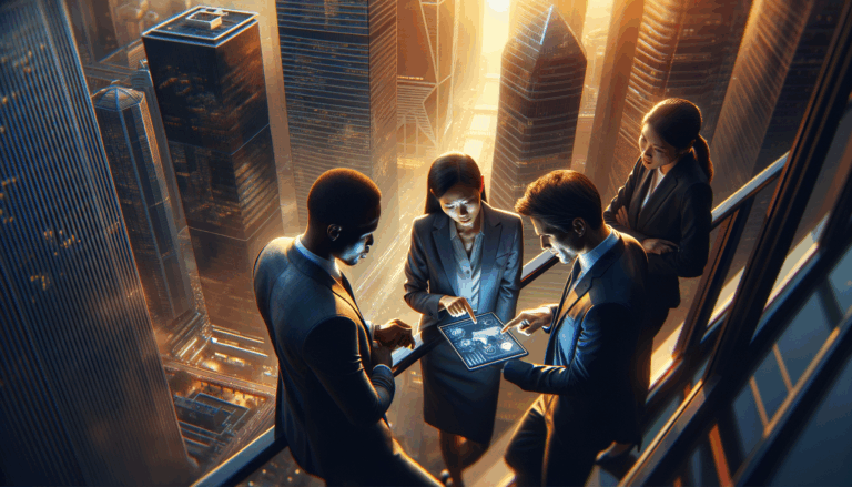 Diverse group of business professionals engaging in conversation in busy urban financial district with blockchain technology