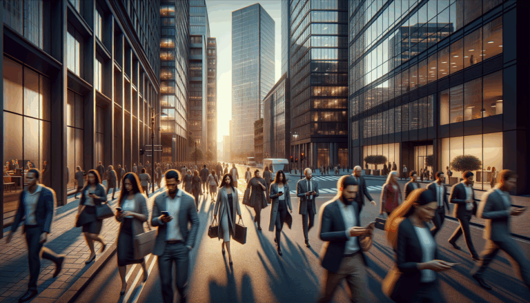 A busy urban street at dusk with office buildings reflecting warm lights; people walking briskly, focused on smartphones, in an aware yet distracted manner data breaches