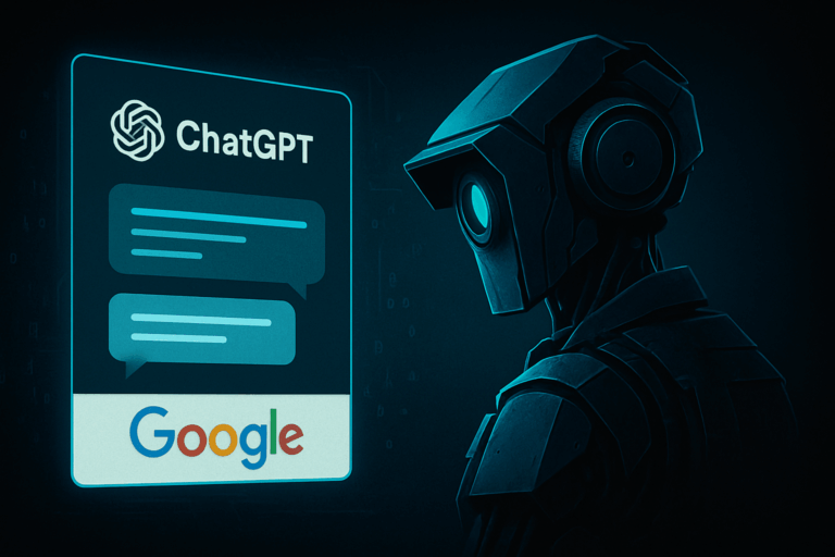 Futuristic illustration representing ChatGPT Conversations Indexing on Google, highlighting privacy risks and digital exposure