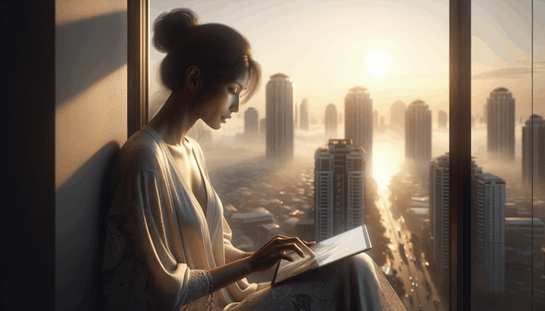 Person creating digital art on tablet in a cityscape sunrise