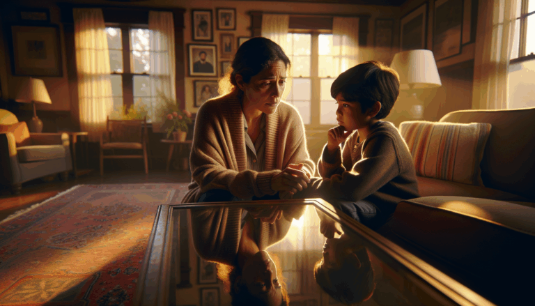 A concerned mother talking to her child in a living room setting at sunset, warm lighting highlighting their expressions, camera at eye-level capturing a moment of emotion, Meta and Character.AI