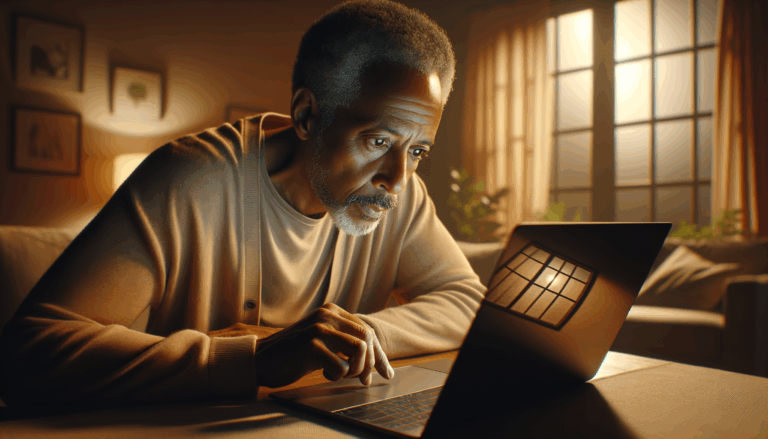 Concerned parent reading an article on a laptop at home with AI chatbots