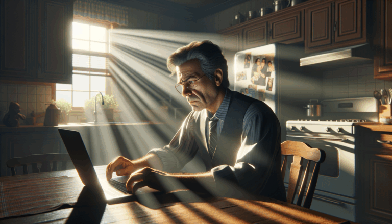 Parent reading on laptop with worry and curiosity in morning light, mental health claims