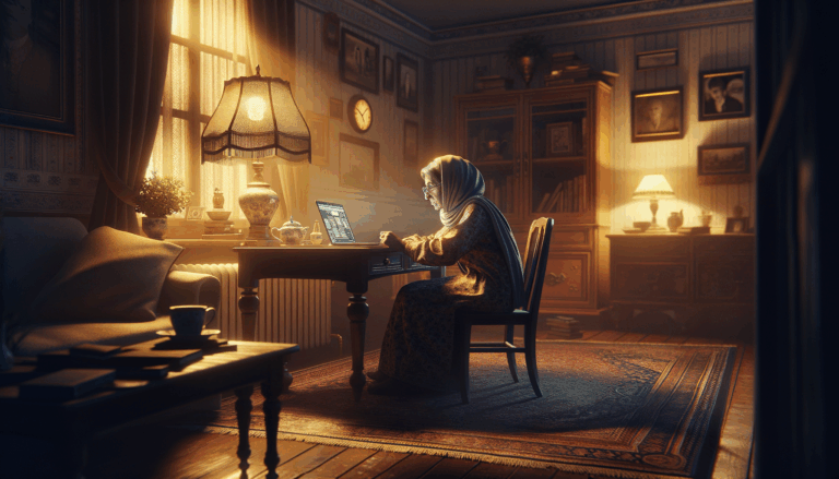 A concerned parent reading a leaked document on a laptop in a cozy evening setting, with Meta AI's romantic chatbots