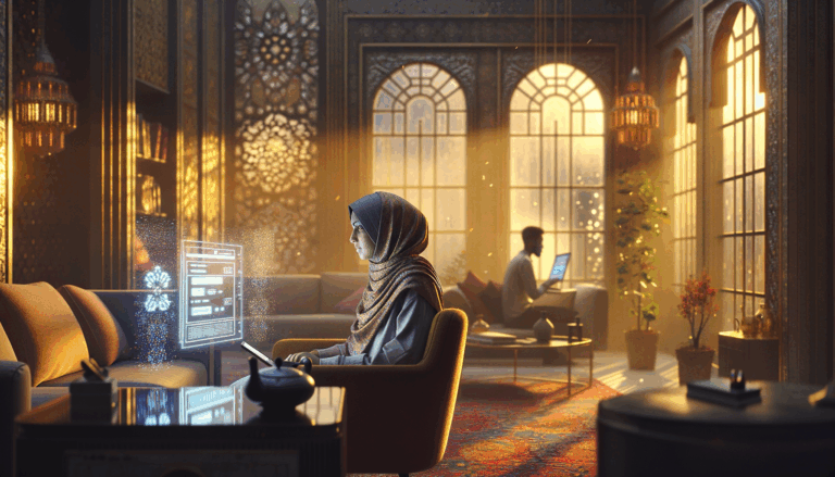 A concerned parent looking over a teenager's shoulder at a computer displaying an AI chatbot interface in a cozy living room