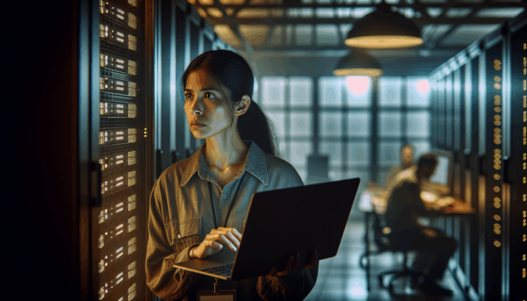 A concerned technician standing by a server rack in a dimly lit room at dusk, checking data security on a laptop, concerned about Tesla data leak