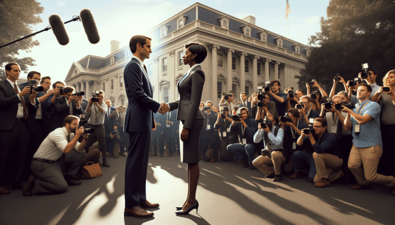 Daytime scene showing a politician shaking hands with a tech executive outside a government building, illustrating AI political influence.