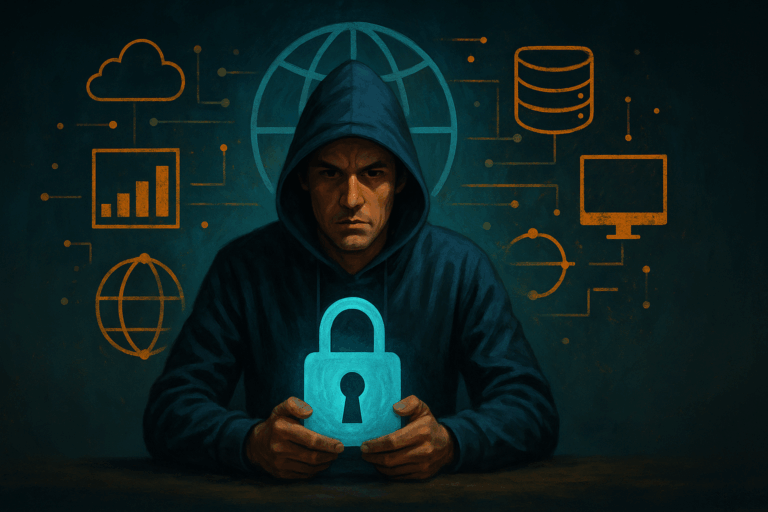 Digital sovereignty visual of a character facing corporate servers and surveillance on one side, and decentralized glowing networks on the other.