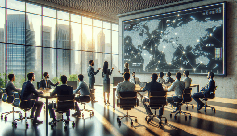A diverse group of people in a modern office setting, gathered around a large digital screen displaying blockchain nodes; natural lighting highlights their engaged expressions.