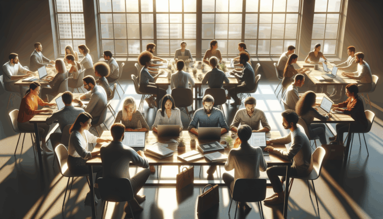 Diverse group of people focused on decentralized finance using laptops in a bright co-working space