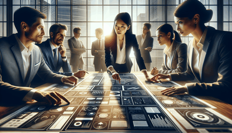 A diverse team collaborating around a table covered with sketches of futuristic digital interfaces. Shot from eye level, Meta AI image models point at sketches while others observe thoughtfully