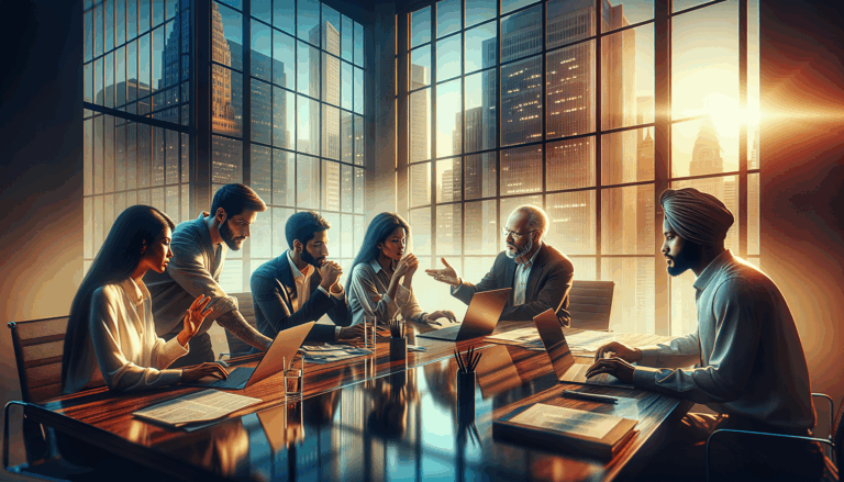 Diverse team collaborating in a modern office space with AI in group chats