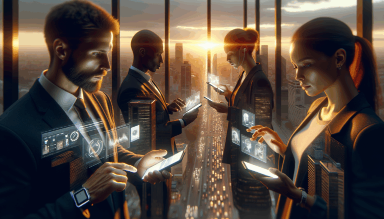 A diverse group using smartphones in a dynamic cityscape at sunset, showcasing Google AI Mode global expansion
