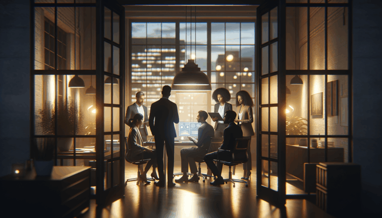 Evening office scene with diverse team discussing around a digital screen displaying an AI interface, warm lighting illuminating engaged expressions, shot over shoulder from door.