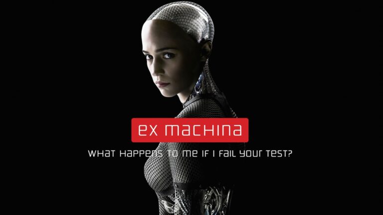 Ava, the humanoid AI from Ex Machina AI, standing behind a glass wall in a minimalist futuristic lab