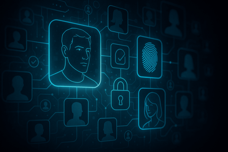 Futuristic illustration showing the future of social networks with interconnected digital profiles, biometric verification, encrypted connections, dark border effects, and deep blue tones.