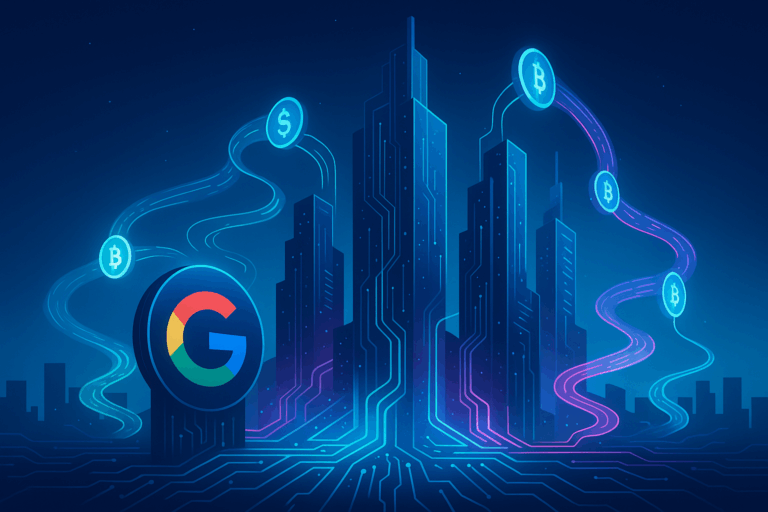 Futuristic illustration of Google blockchain testnet reshaping global finance in a Web3 cityscape