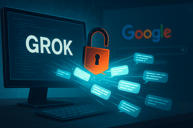 Digital illustration of Grok leak Google showing Grok conversations leaking as data streams, symbolizing privacy breach