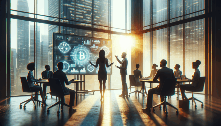 Diverse group in modern office discussing blockchain data trends