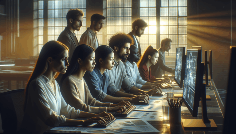 Diverse engineers collaborate intensely on India's AI backbone in modern office space