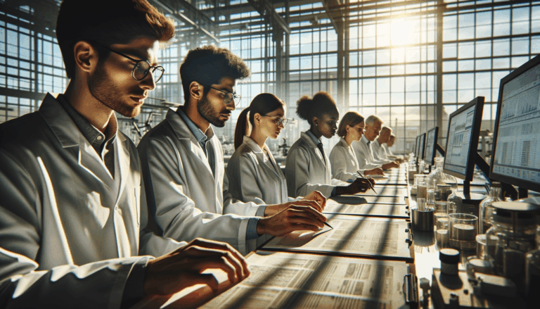 Group of researchers in a modern lab setting reading data on touchscreens with focused expressions, natural lighting, AI safety testing revolution