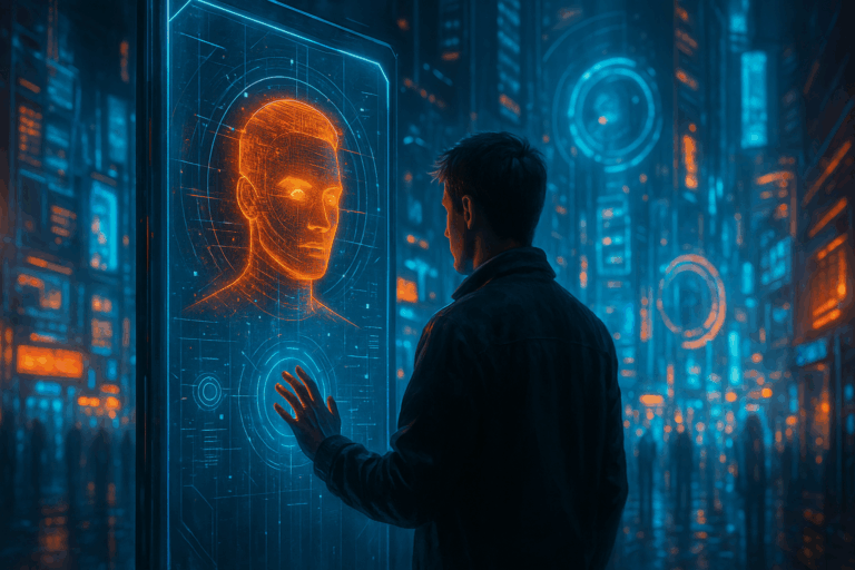 Cyberpunk illustration of Human Signal Test with biometric scan transforming into a digital avatar