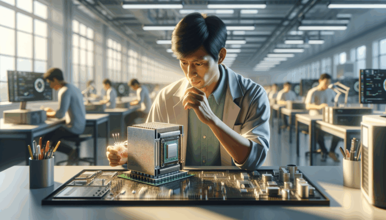 Malaysian engineer examining advanced edge AI processor in bright modern tech lab
