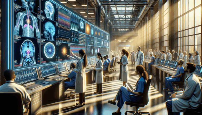 Doctors and AI specialists reviewing digital scan results in bustling hospital's AI diagnostic wing