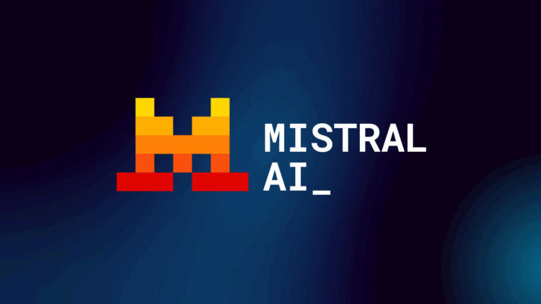 Mistral AI pixel logo centered on a futuristic dark blue Web3 background, HD, 16:9