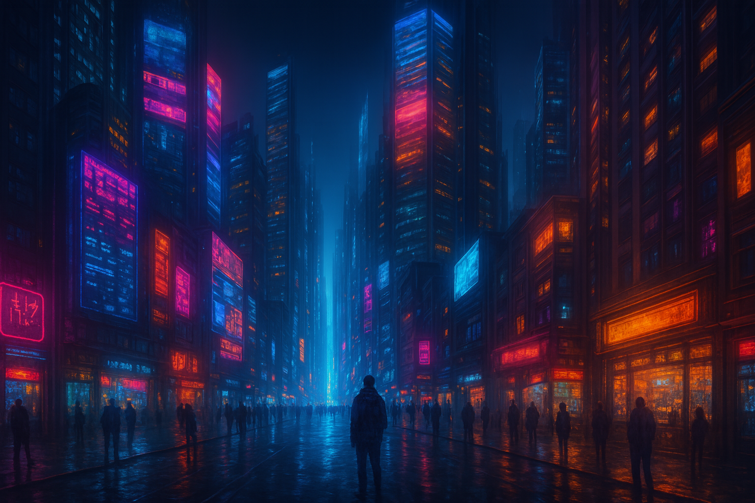 Futuristic cyberpunk city with glowing lights and digital screens, representing movies about the future of internet