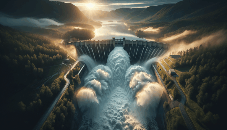 Aerial view of Norwegian dam with open floodgates releasing water at dawn