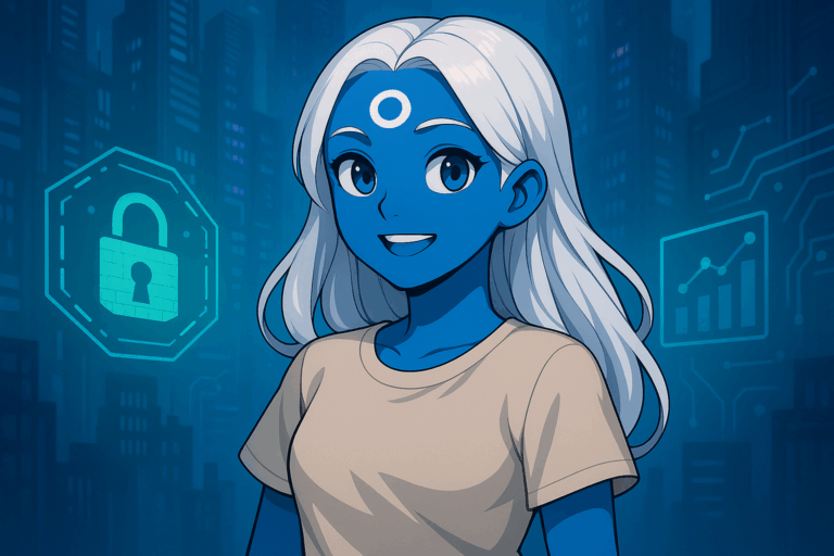 Futuristic illustration of Octra AI privacy character in a Web3 cyberpunk environment with holographic encrypted data streams, AI circuits, and privacy nodes.
