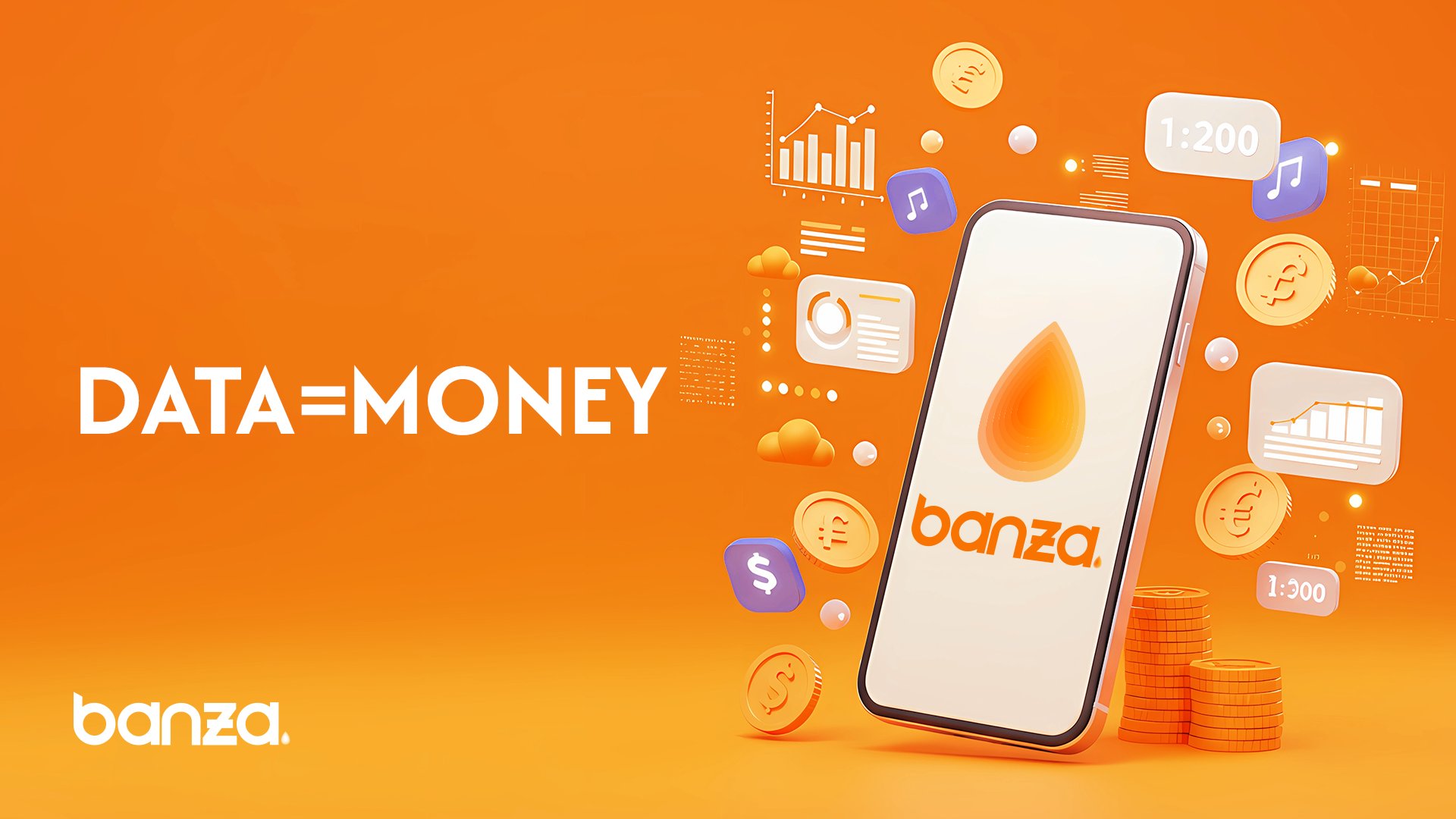 Illustration of Banza App with a smartphone, AI twin icons, and digital coins representing own your data and data monetization