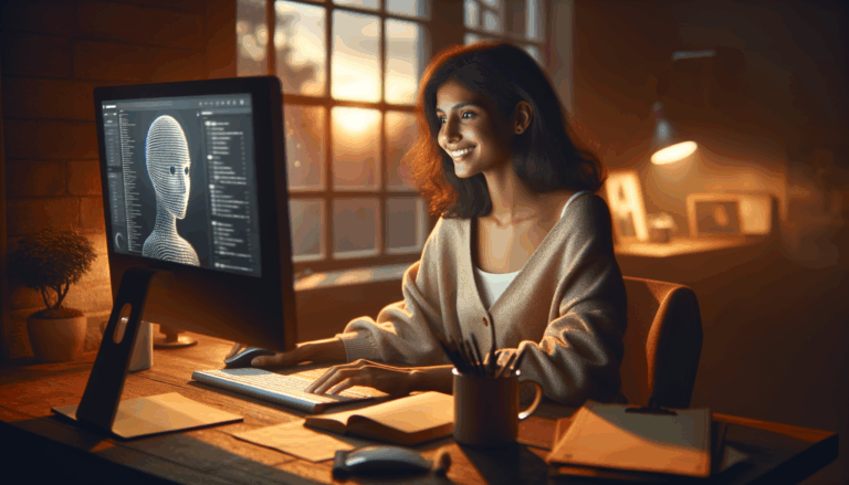Person smiling at AI interface on screen in GPT-5 friendly home office
