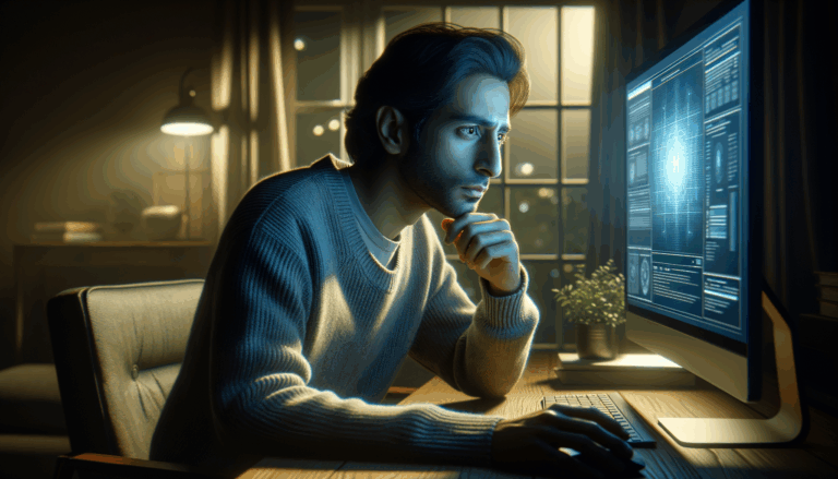 Person sitting at desk at night, illuminated by AI interface on computer screen