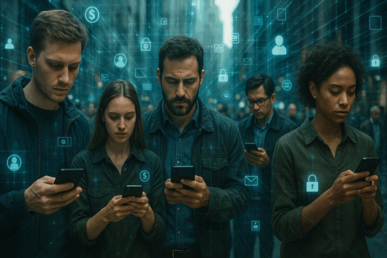 illustration showing privacy addiction and the unconscious trade of personal data for digital convenience in a matrixed world