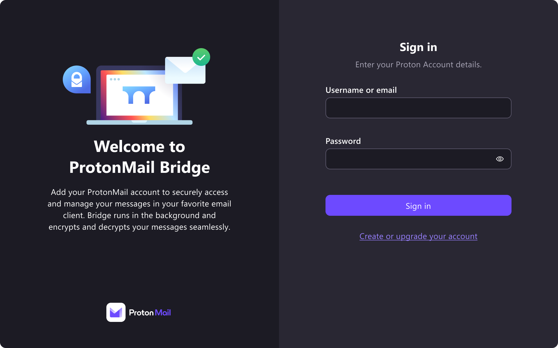 Proton Mail Bridge login screen showing secure access to encrypted email 