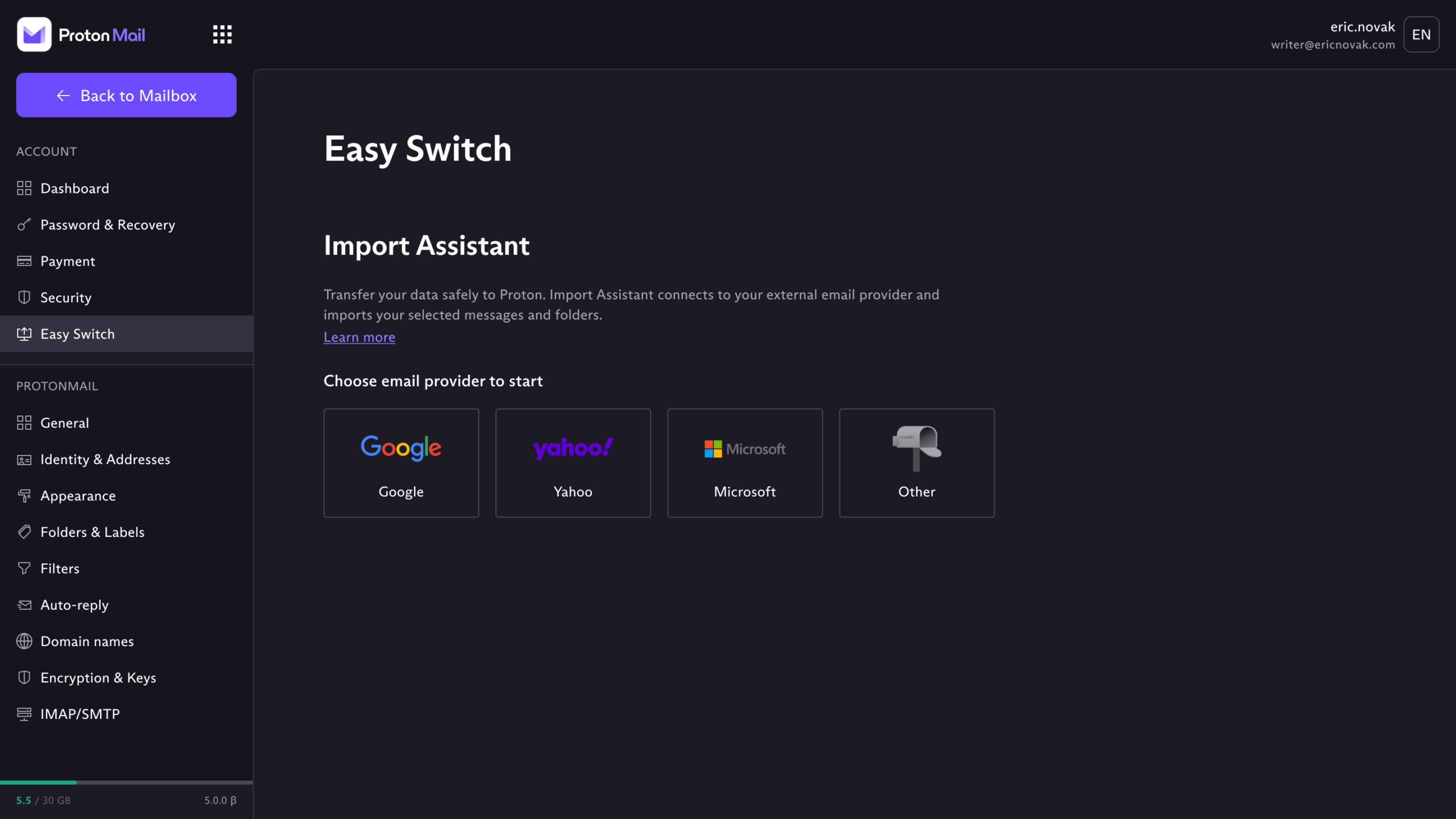 Proton Mail Easy Switch import tool for migrating emails from Google, Yahoo, Microsoft and others. 