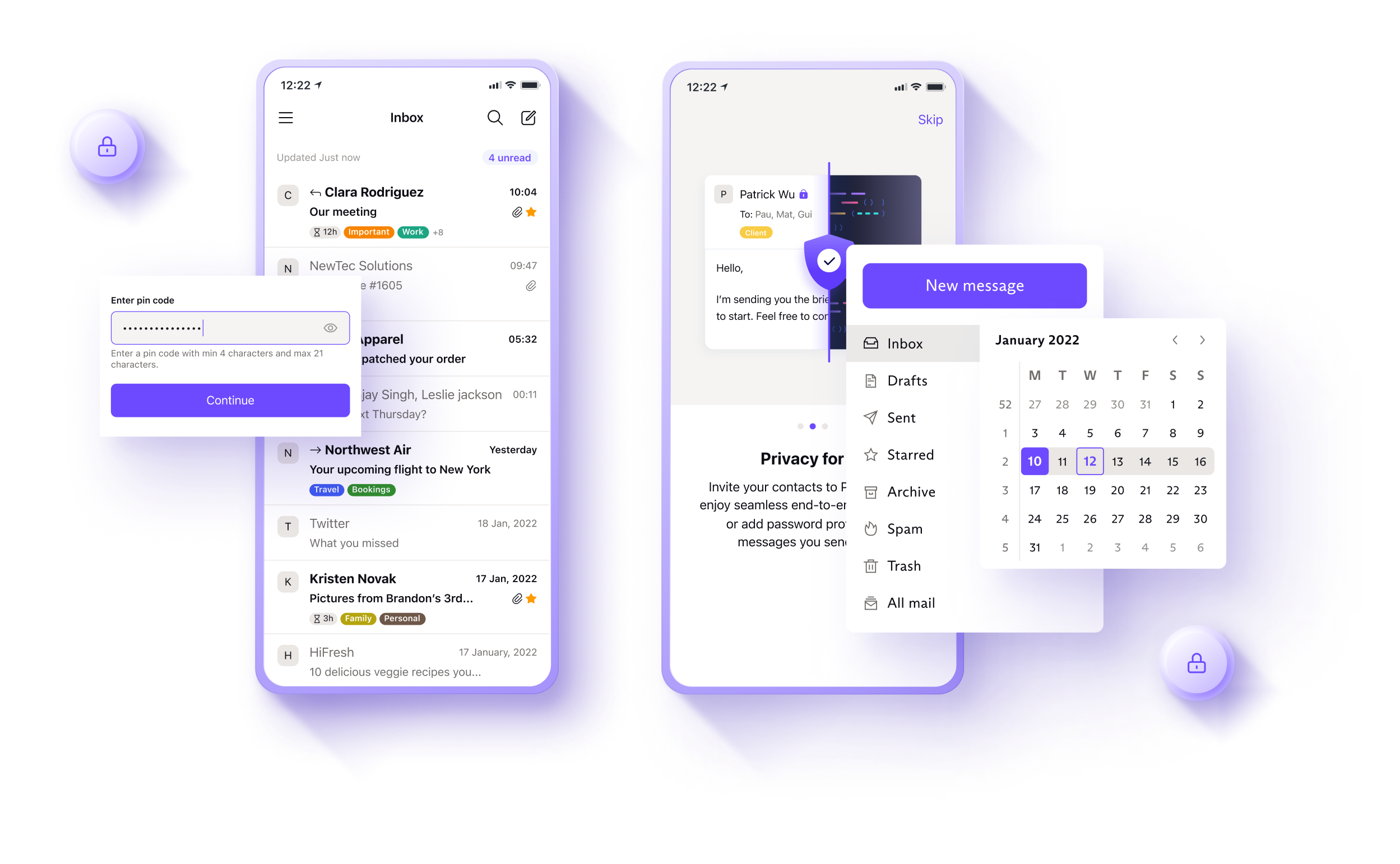 Proton Mail encrypted inbox on mobile with calendar and privacy lock features