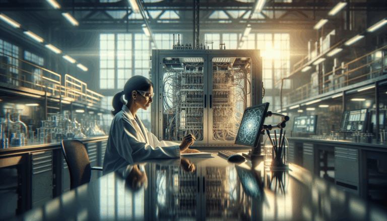 Scientist working in state-of-the-art lab with quantum computing's rise visible quantum computer setup, showcasing advanced technology tools; daytime with natural light streaming through large windows.