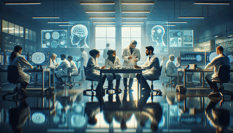 Diverse group of scientists discussing brain-computer interface prototypes in a modern lab setting