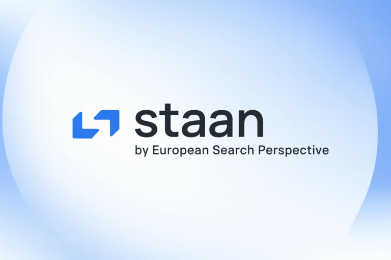 Staan logo by European Search Perspective on a futuristic blue gradient background, symbolizing European innovation in privacy-first search technology.