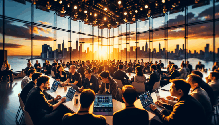 Vibrant tech conference scene at sunset discussing AI innovations
