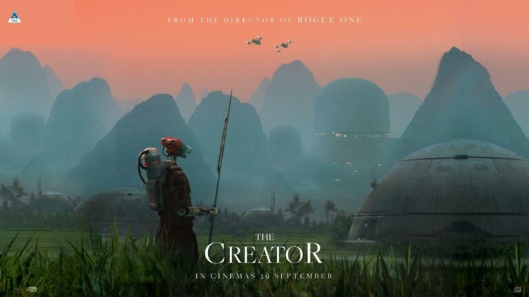 The Creator 2023 movie – official poster showing a human soldier in a futuristic landscape with domes and drones, symbolizing humans and AI.