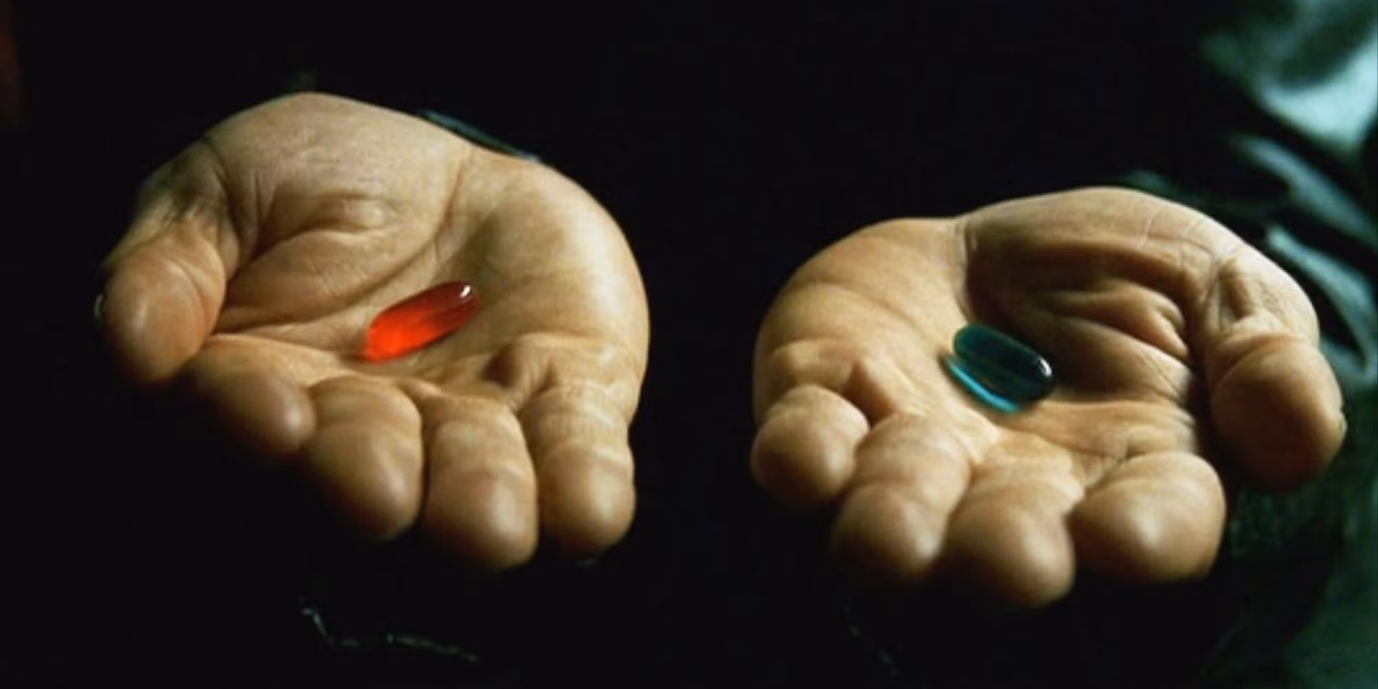 Illustration of Matrix red and blue pills representing the decision between digital comfort and reclaiming privacy